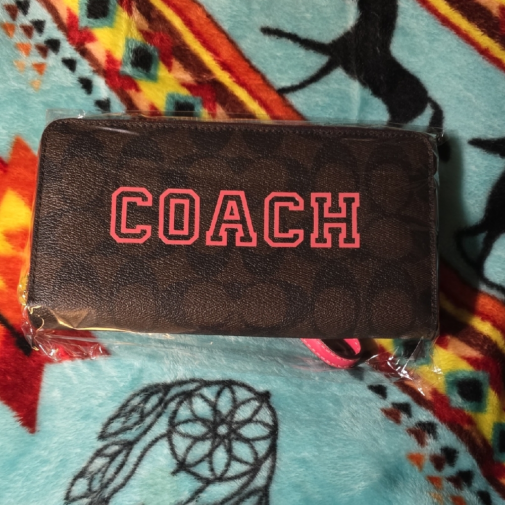 Coach Brown Long Wallet with Pink Logo, New Without Tags